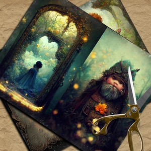 Close-up of fantasy art collage paper featuring mystical forests and mythical creatures