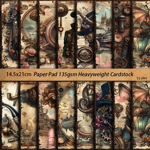 15 sheets steampunk vintage scrapbooking paper set with mechanical gears and clock motifs