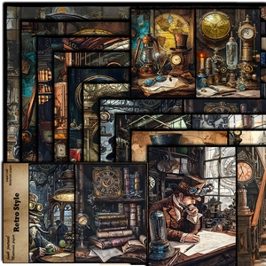 Vintage steampunk scrapbook paper set featuring retro clocks and scientific instruments