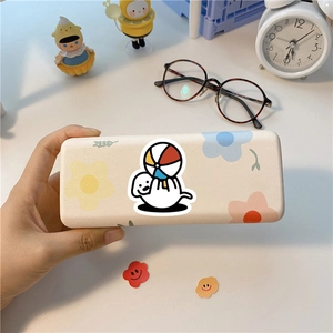 Portable matte beige glasses case featuring a cute cartoon puppy and floral patterns