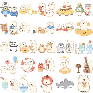 Detailed sheet showing cute white bear stickers in various daily life and holiday scenes