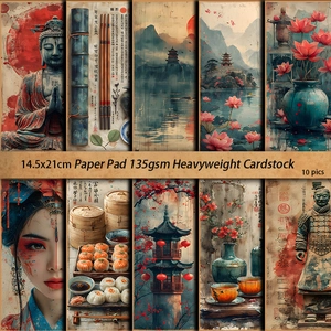 Set of 10 vintage Oriental aesthetic scrapbooking papers with landscapes and figures