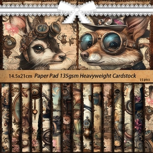 15pcs Steampunk animal cardstock papers with gear and vintage mechanical art patterns