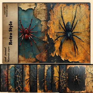 Retro spider web craft paper set for scrapbooking with dark aesthetic and vintage textures