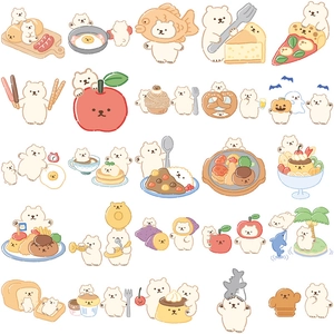 Macro view of cute cartoon white bear stickers with food like bread and pizza