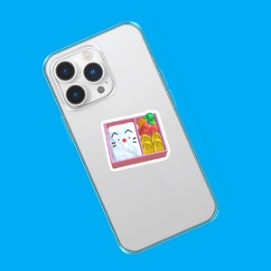 Detailed 3D sticker of cute Japanese bento box with cat rice ball and octopus sausage