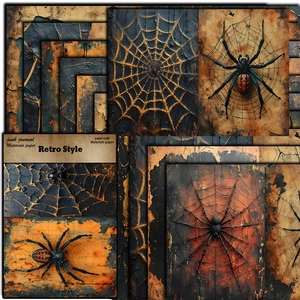 Retro spider web craft paper set for junk journals with vintage dark artistic patterns