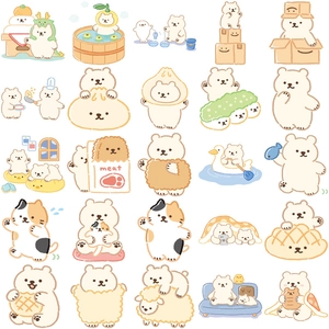 Detailed grid of 25 cute cartoon bear and cat stickers for journals and cases