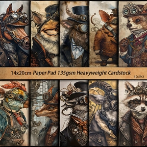 Steampunk animal scrapbooking paper set with 10 vintage 14x20cm heavyweight cardstock sheets