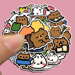 Cute cartoon bear and food stickers set for phone case decoration on pink background