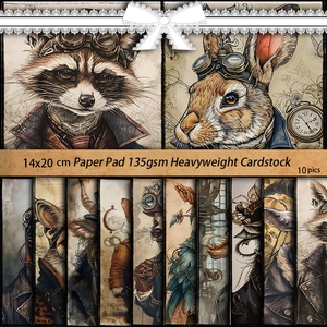 Steampunk animal scrapbooking paper set with 10 vintage 14x20cm 135gsm cardstock sheets