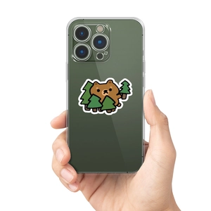 Clear phone case with cute bear and pine tree pattern on dark green smartphone