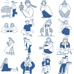 Grille détaillée de 16 autocollants bleus dessinés montrant des scènes de filles