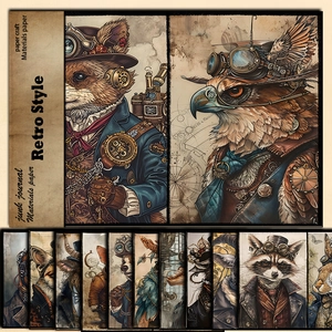 Retro steampunk junk journal material paper with Victorian anthropomorphic animal designs