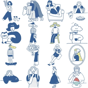 Planche de 16 autocollants de personnages féminins bleus et jaunes pour scrapbooking