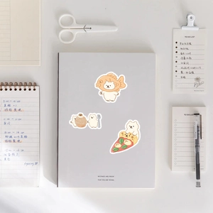 Cute cartoon bear stickers with food themes on a notebook for scrapbooking and decoration