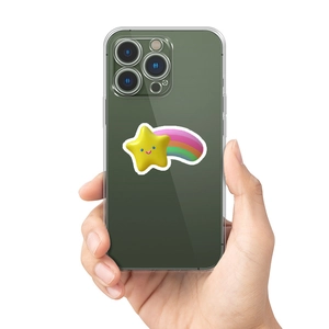 Clear smartphone case with a cute 3D cartoon shooting star pattern and colorful rainbow tail
