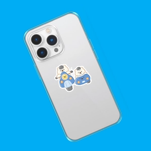 Detail of transparent phone case with blue metallic edges and cute cartoon bear print