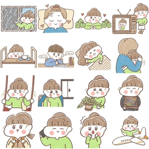 Detail view of 16 cute hand-drawn girl stickers in various cozy life scenes and poses