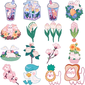 Collection of sixteen pink cute cartoon tulip and rabbit aesthetic sticker designs