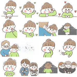 Detailed grid of 16 cute cartoon girl stickers with various emotional expressions