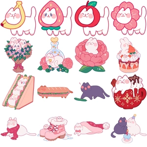 Detail of 16 pink cartoon cat and bunny stickers with fruits, cakes, and winter themes