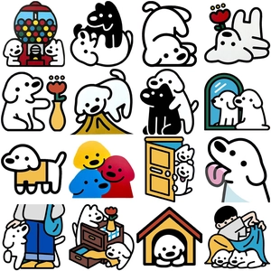 Dettaglio di 16 diversi adesivi per cani a cartoni animati con simpatiche scene di vita