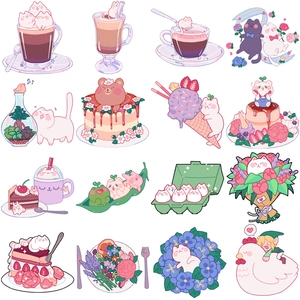 Detailed view of 16 cute pink cartoon stickers with cats, bears and sweet cakes