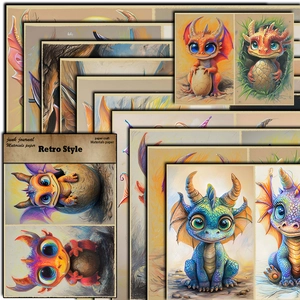 Retro style junk journal material paper with 10 vintage cartoon dragon patterns
