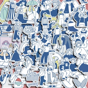 Lot d'Autocollants Scènes de Vie Fille Abstraite Bleue Décalcomanies Esthétiques de Personnage Dessiné à la Main pour Journal Coque de Téléphone