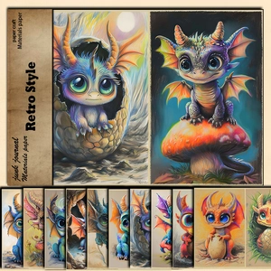 Detailed view of 10 retro fantasy dragon illustration papers for junk journals