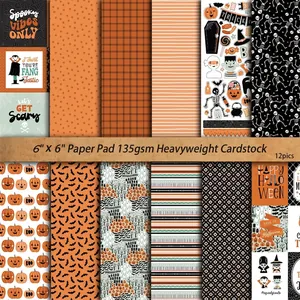 12 sheets of 6x6 inch vintage Halloween scrapbooking paper with pumpkins and skulls