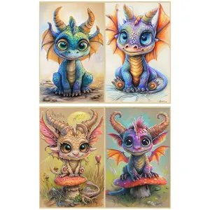 Detailed four-panel set of colorful fantasy baby dragon illustrations and art prints