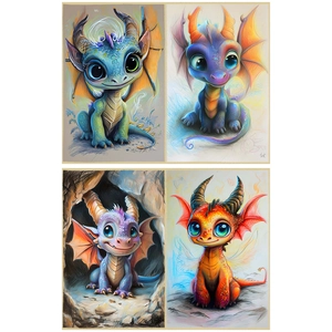 Detail of four colorful fantasy dragon illustrations for scrapbooking and craft stickers