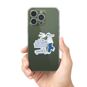 Illustration de personnage bleu sur coque iPhone Pro transparente avec motif chariot d'achat