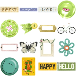 Detailed view of 16 assorted vintage style scrapbook stickers with animal and text motifs