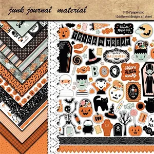 12 sheets of vintage 6x6 inch Halloween scrapbook paper with pumpkin and ghost designs