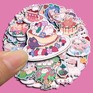 60pcs pink kawaii cartoon cat and strawberry cake waterproof stickers for scrapbooking