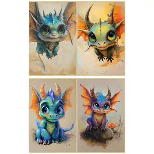 Detail of four high-quality cartoon baby dragon illustrations with cute fantasy creature design