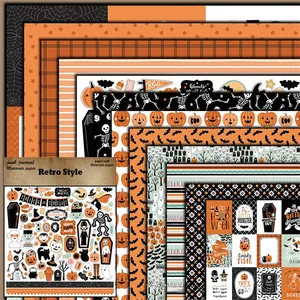 Detailed close-up of retro Halloween junk journal scrapbooking paper with pumpkin designs