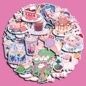 Set of 60 pink cartoon stickers with cute bunnies, cakes, and tulips for scrapbooking