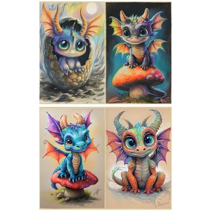 Detailed four-grid view showing cute colorful baby dragon illustrations for scrapbooking