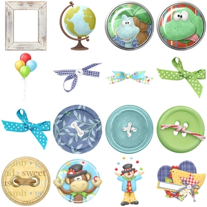 Macro shot of 16 assorted decorative stickers with cute animal and vintage patterns