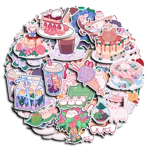 Cute pink aesthetic sticker set featuring cats, bears, tulips, and sweet dessert patterns