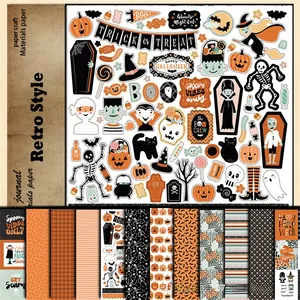 Detailed spread of vintage Halloween scrapbook paper with pumpkin and ghost motifs
