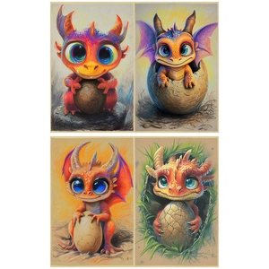Detailed close-up of four colorful cartoon dragon illustrations for scrapbooking crafts