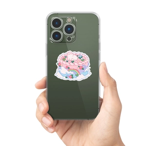 Pink cartoon cat cake sticker on a clear phone case with floral rainbow patterns