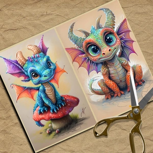 Macro detail of retro fantasy dragon stickers and vintage scissors on craft paper