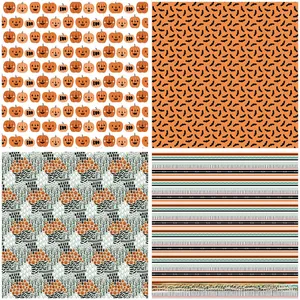 Detailed grid of Halloween scrapbook papers with pumpkin, bat, and ghost motifs