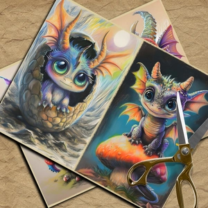 Macro shot of colorful dragon fantasy posters with vintage scissors on kraft paper
